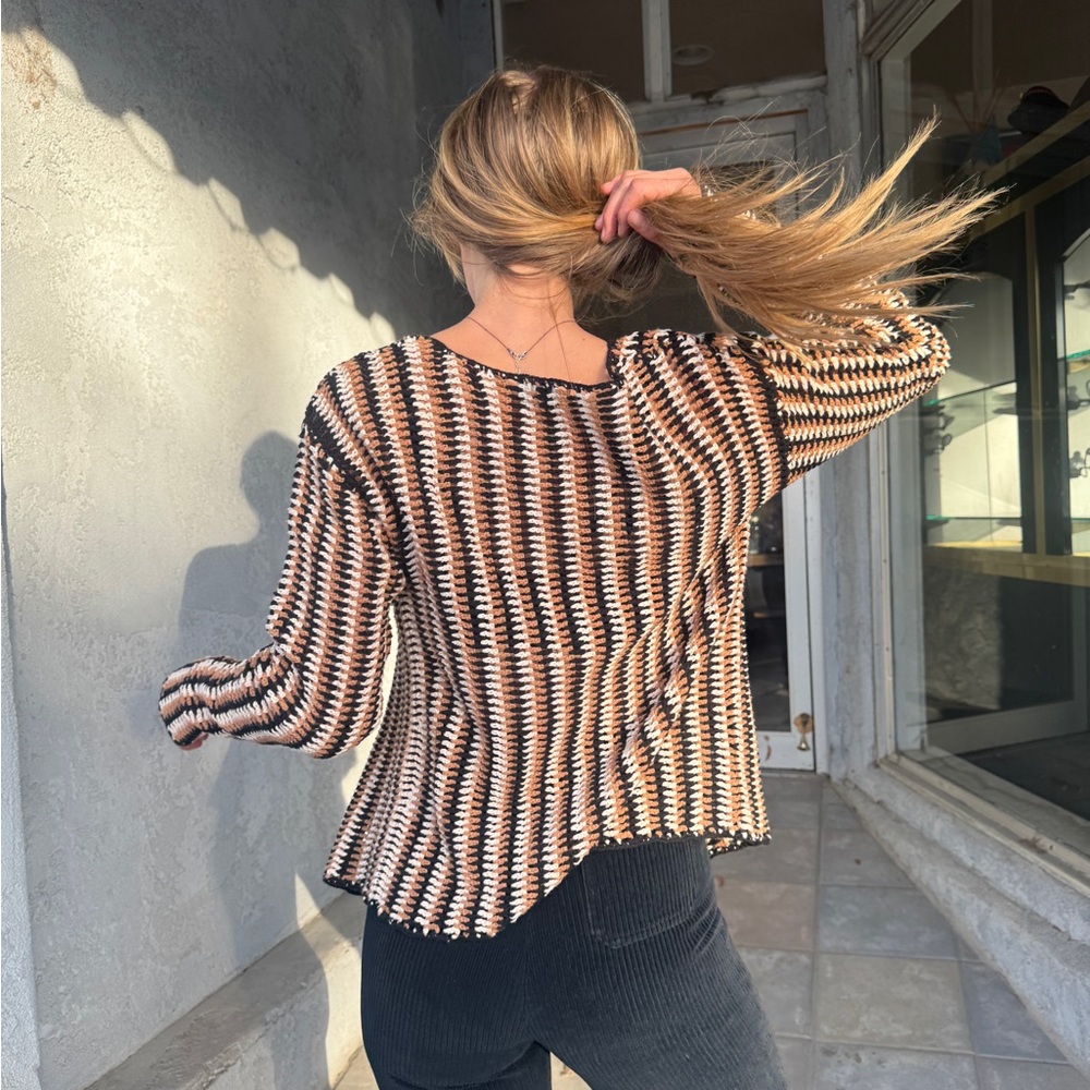 Y2K Osis Studio Striped Open Front Cardigan Black Tan Cream Cotton Blend - Picture 4 of 7